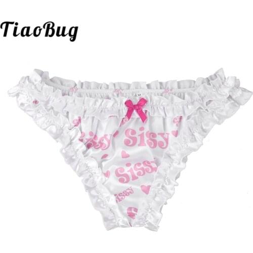 TiaoBug Men Lingerie Frilly Ruffled Sissy Panties High Cut Knickers Letter Printed Satin Bikini Briefs Hombre Sexy Gay Underwear