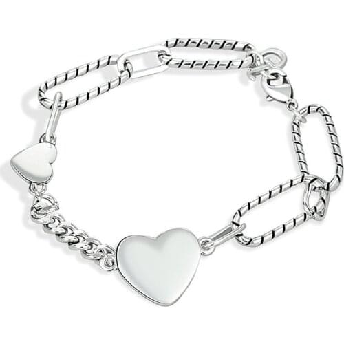 Vintage Punk Korean 925 Sterling Silver Heart Geometric Charm Bracelet &Bangle For Women Wedding Jewelry SL058