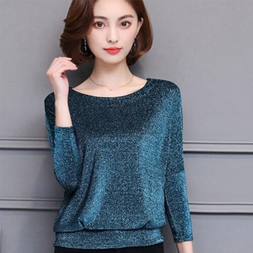 New Blinking Bat sleeve Tshirt Women Shiny T-shirts For Women Fashion Long-sleeve T Shirt Woman Plus Size Female T-shirt