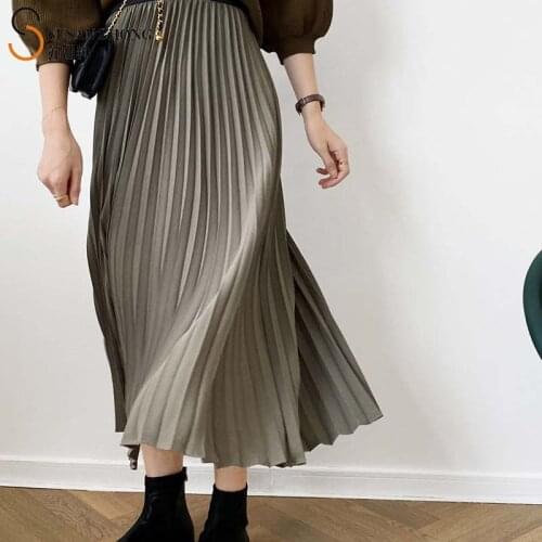 Women Skirts Long Pleats 2021 Spring Summer New Clothing Elegant A-Line Loose Elastic Waist Chiffon Korea Fashion Indie Style