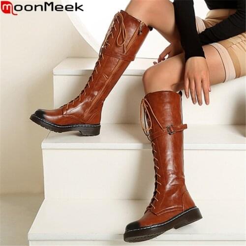 MoonMeek 2020 Big size 34-43 winter knee high boots square heels round toe comfortable ladies shoes fashion buckle women boots