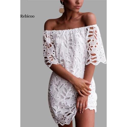 Hollow out White Lace Dress Women Off Shoulder Short Sleeve Elegant Mini Backless Dress Femme See Through Sexy Vestidos Mujer