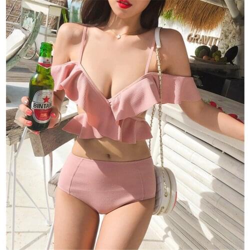 High Waist Bikini Women Solid Swimwear Push Up Swimsuit Ruffle Biquini Pink Bikinis Korea Style Bathing Suit Crop Top Beachwear