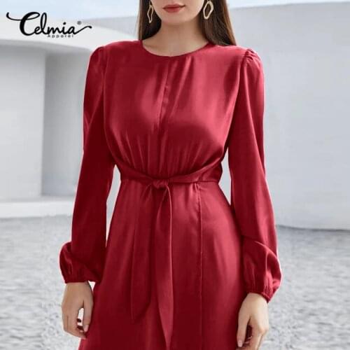 Fashion Women Satin Party Dress Celmia Elegant Puff Long Sleeve Maxi Dress Office Vestidos Casual Round Neck Bandage Long Robes