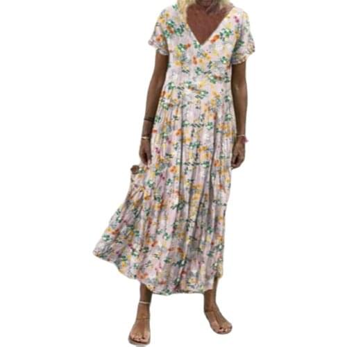 Summer Arrival V-Neck Short-Sleeve Big Swing Dress Fashion Casual Retro Print Loose Splice Cotton Dress 2021 New Women Clothing