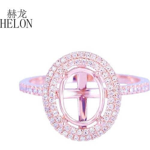 ELON 7x9mm Oval Solid 14K Rose Gold Pave Natural Diamond Semi Mount Engagement Ring Two Halo Diamonds Ring Women Fine Jewelry
