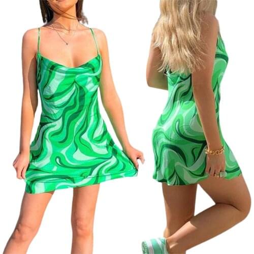 2021 Women’s Fashion Ripple Printing Dress Summer Sexy Backless Suspender A-line Short Dress