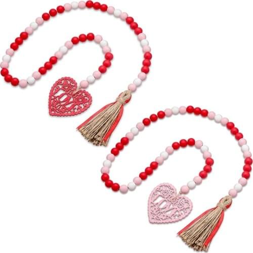 2 Pieces Heart Wooden Beads Hanging Garlands Farmhouse Beads Garland with Tassel for Mothers Day Party and Home Decor