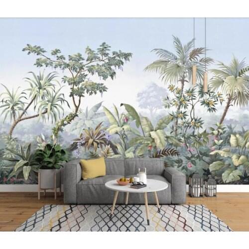 Customized 3D mural wallpaper European hand-painted garden woods rainforest banana coconut trees hand-painted retro murals