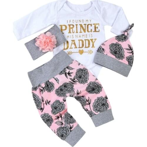4Pcs Toddler Baby Girls Long Sleeve Romper+Pants+Hat+Headband Jumpsuit Bodysuit Clothes Outfit Prince is Daddy Letter Print