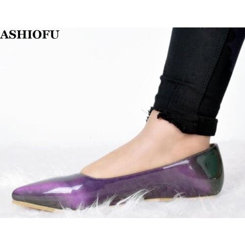 ASHIOFU Wholesale Handmade Ladies Flats Shoes Patent Leather Party Office Slip-on Shoes Large Size Ballets Evening Fashion Shoes