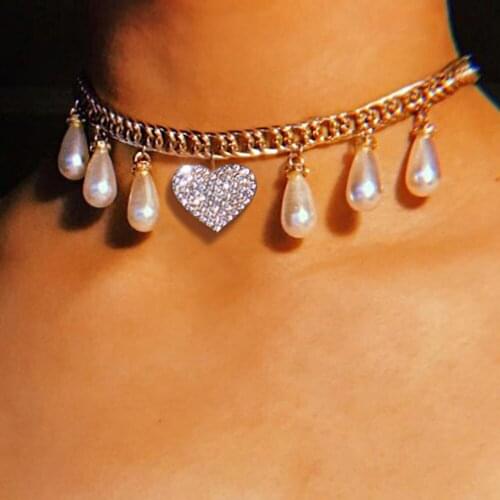 Stonefans Statement Water Drop Pearl Heart Pendant Choker for Women Plastic Chain Link Necklace Charm Collar Jewelry Accessories