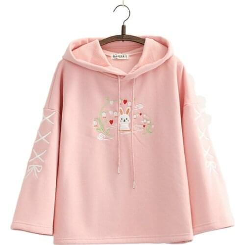 Fleece Thick Women Hoodies And Sweatshirts Cartoon Rabbit Embroidery 2021 Winter Flare Sleeve Kawaii Pullover Tracksuits