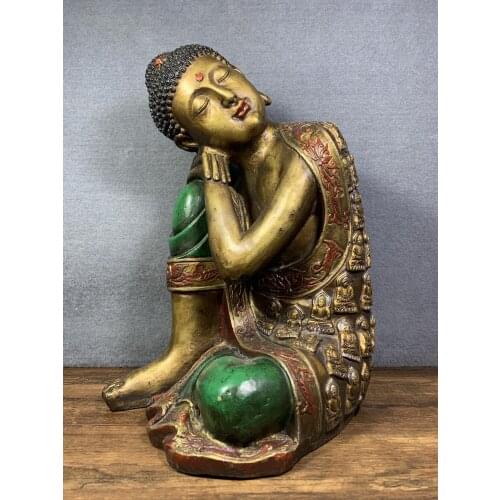 13"Chinese temple collection Old Bronze Painted Sleeping Sakyamuni Buddha Sleeping buddha Meditating buddha Ornaments Town House