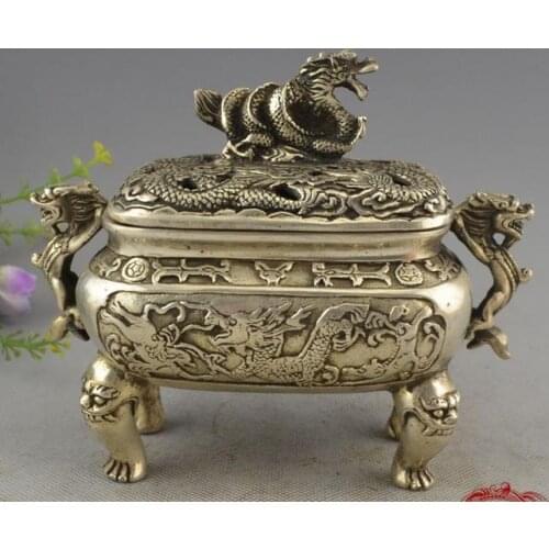 Collectable Old Ming Dynasty silver Dragon Incense Stove\Censer,#041,with carving and mark,Free Shipping