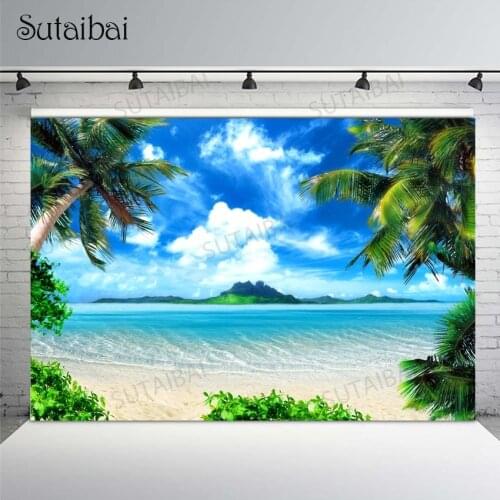 Summer Tropical Photo Backdrops Palms Tree Sea Beach Sand Holiday Blue Sky Cloudy Scenic Backgrounds for Photography Photocall