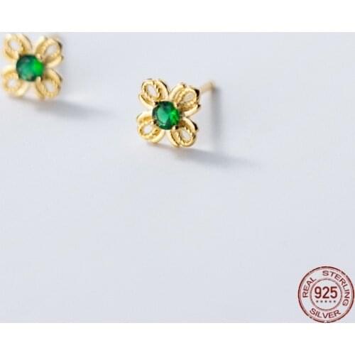 LKO 925 Sterling Silver Simple Inlaid Green Zircon Crystal Flower Stud Earrings Women Trend Charm Wedding Party Jewelry Gift