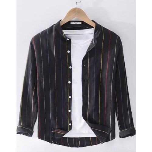 Color striped 100% linen brand shirts men long sleeve spring shirt for men stand collar fashion shirt mens casual overhemd tops