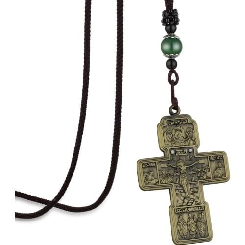 Mens Large Russian Orthodox Crucifix Cross Pendant Necklaces Trinity Jesus Christ Apostles Disciple Braided Rope Chain Jewelry