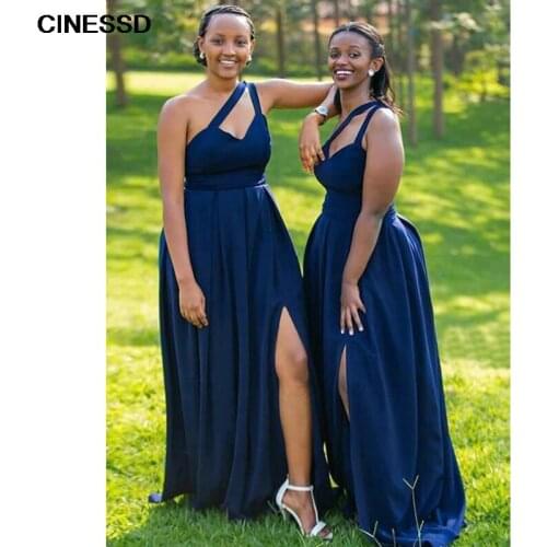 Royal Blue Bridesmaid Dresses Long Satin Cut-out One Shoulder Side Slit Plus Size Long Prom Dress 2021 African Women Gown