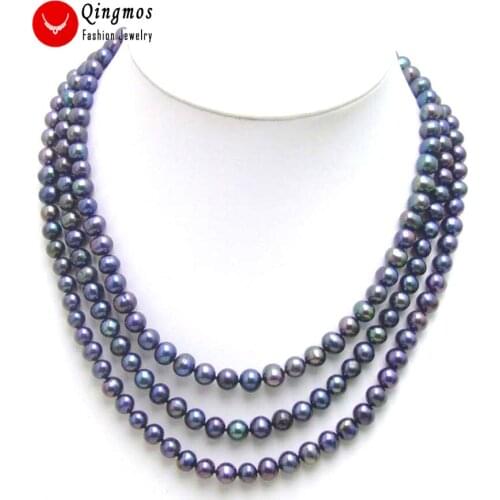 Qingmos Black Pearl Necklaces for Women with 7-8mm Round AA Natural Freshwater Pearl Chokers Necklace 3 Strands 17-20" nec2151