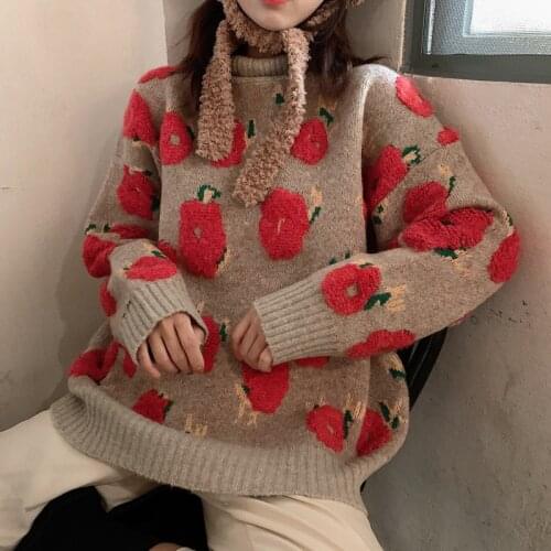 Sweet Korean Style Floral Print Sweater Elegant Casual Fashion Pullovers All-match Turtleneck Thicken Sweater 2021 New Arrivals