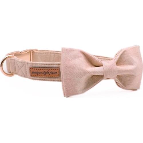 Unique Style Paws Pink Strip Dog Collar with Bow Tie Soft and Cotton Fabric Collar Metal Buckle Adjustable for Girl