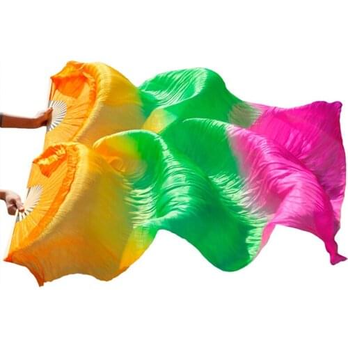 1 Pair 100% Silk Belly Dance Fans Dance Stage Performance Props Unisex Belly Dance Silk Fans Gradient Orange+Green+Rose 180x90cm