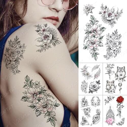 Waterproof Temporary Tattoo Sticker Line Flowers Rose Flash Tattoos Leaves Fox Moon Body Art Arm Fake Tatoo Women Men