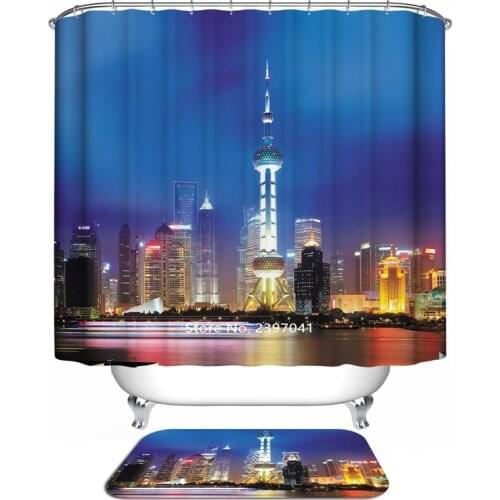 Oriental Pearl City Night Shower Curtain Waterproof and Mildew Proof Cartoon Wild Animal Forest Beach Beach Shower Curtain