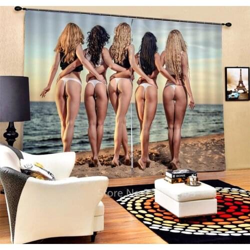 3D Beach Sexy Girls Windows Curtains for Living Room Bedroom Blackout Kitchen Curtains Drapes Window Treatments Rustic Style