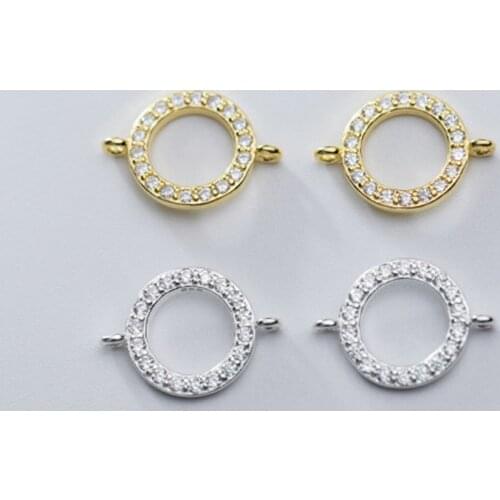 100% 925 Sterling Silver AAA Zircon Round Charm Connector 10.5mm Double Connection Holes Ring Silver Pendants DIY Jewelry Making
