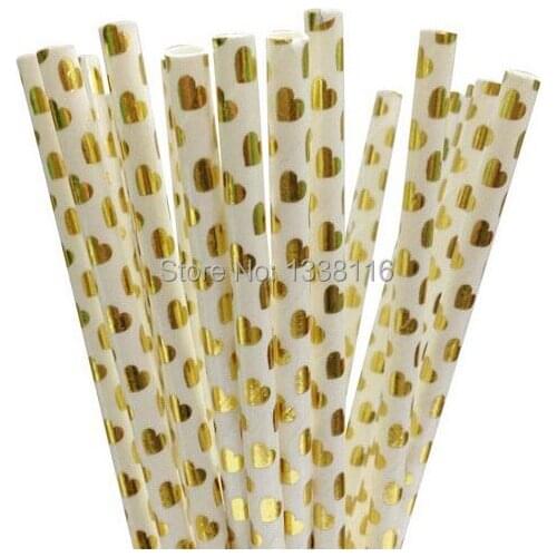 100pcs Eco-friendly Foil Gold Heart Paper Straws For Wedding Party Kids Birthday Party Decoration Supplies