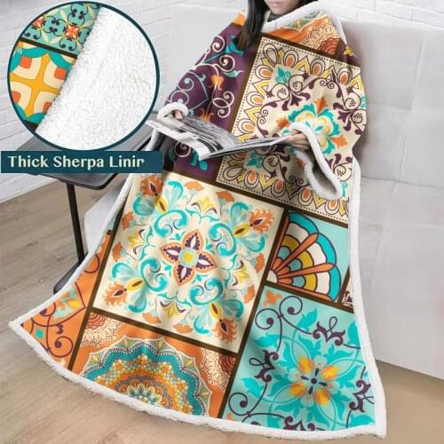 Bohemian Blanket With Sleeves 3D Printed Plush Soft Sherpa Fleece Sofa Blanket Coral Microfiber Warm Sofa Blanket Outdoor Manta