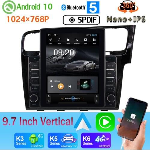 CarPlay 9.7" Tesla Style PX6 4+64G GPS Android 10 Radio For Volkswagen VW Golf 7 MK7 RHD 2013-2020 4G WiFi 360 Camera Car Media
