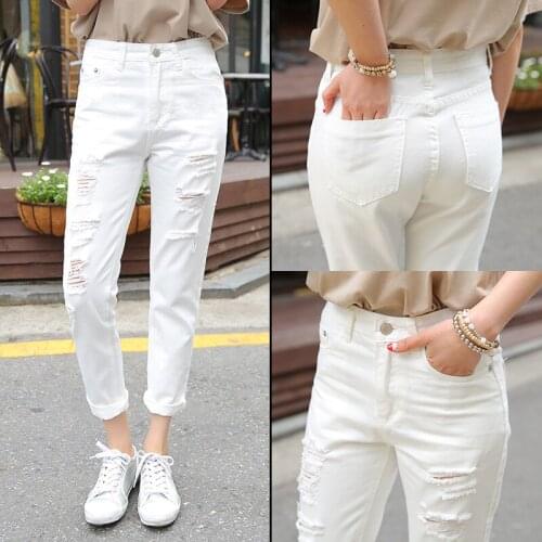 White Hole Jeans Women Spring Summer Were Thin High Waist Korean Nine-Point Pants Slim Harem Beggar Collapse Trousers