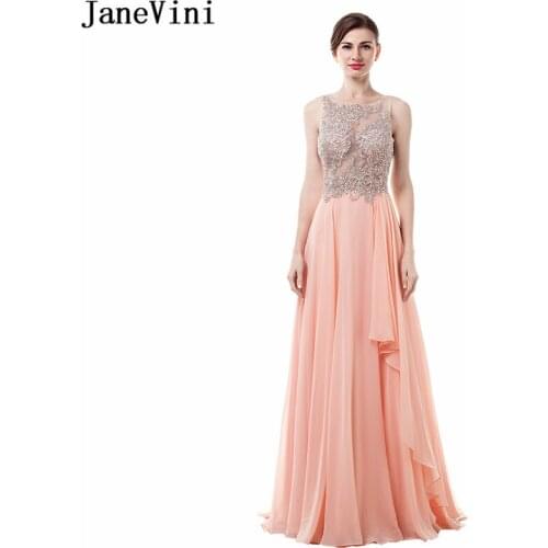 JaneVini 2018 Elegant A Line Chiffon Long Bridesmaid Dresses with Beaded Scoop Neck Illusion Back Formal Prom Gowns Floor Length