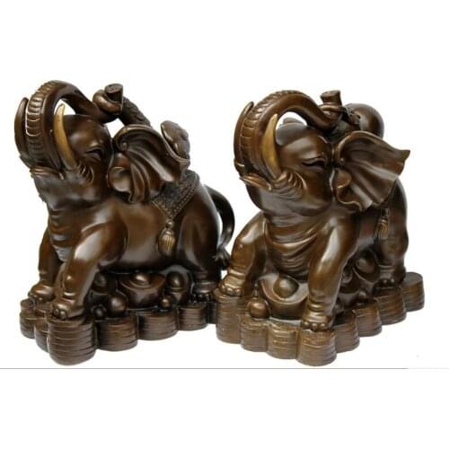 China Folk Bronze Copper Fengshui Yuanbao Wealth Ruyi Gourd Elephant Statue Pair