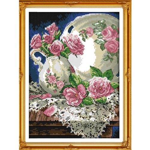 Roses and vases Cross stitch kit 14CT 11CT canvas printing embroidery DIY floral pattern needlework set Home decoration painting
