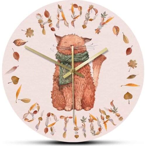 Happy Birthday Autumn Leaves Cat Large Acrylic Wall Hanging Watch New Nordic Fashion Printed Non ticking Kitty Kitten Wall Clock