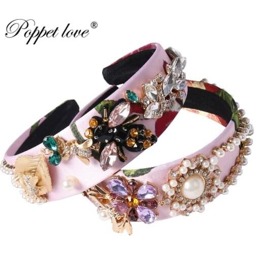 New Fashion Vintage Baroque Headband Crystal Rhinestone Bee Insect Hairbands Gold Leaf Crown Pearl Bride Hair Jewelry Gift