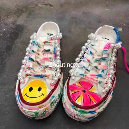 Canvas shoes drag women ulzzang all-match Korean smiling face beaded AB version low-cut student flat shoes
