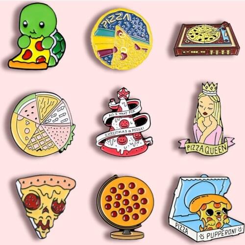 Pizza Christmas Tree Metal Enamel Brooch Cartoon UFO Gramophone Planet Queen Badge Pin Fashion Cute Lapel Backpack Jewelry Gift