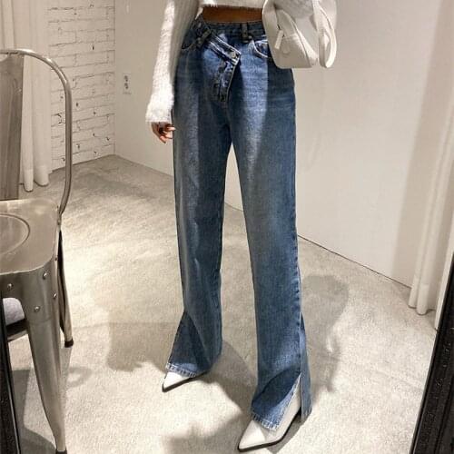 Casual Asymmetric High Waist Straight Jeans for Women Side Split Denim Blue Jeans Trousers Female Long Pantalon Femme