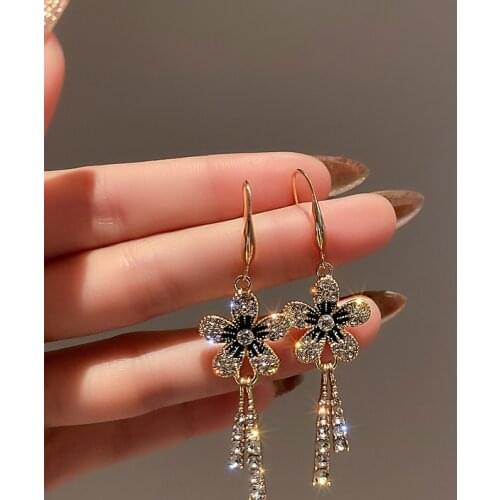 RZ128 925 Silver Needle Flower Tassel Earrings New Trendy Temperament Earrings Retro French Earrings