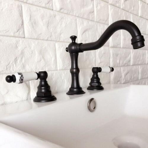 Black Oil Rubbed Bronze Double Handles 3 Holes Install Widespread Deck Mounted Bathroom Sink Basin Faucet Sink Mixer Tap mhg067