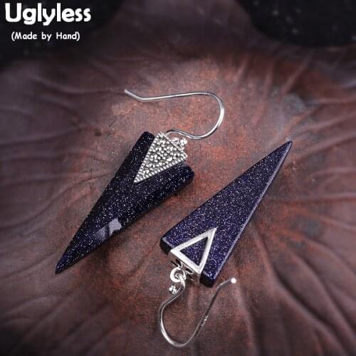 Uglyless Noble Blue Sands Stone Gemstone Earrings Women Geometric Triangle Earrings Solid 925 Silver Brincos Fine Jewelry E1729