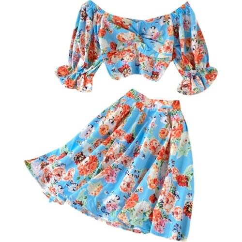 2021 Women Summer Korean Bohemian Floral Set Puff Sleeve Ruched Short Tops+High Waist Pleated Short Skirt Two Piece Suits