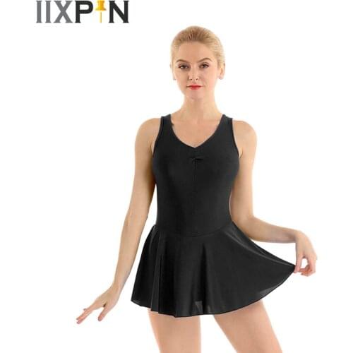 Women Ballet Lycra Skirt Adult Dance Dress Sleeveless Ruched V-neck Front with Built-in Leotard Gymnastics Dress Ballet Dance