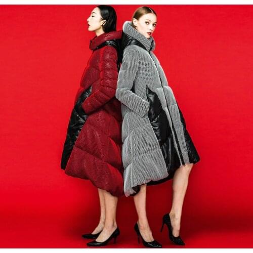 S-XXL Winter 3d splicing A-line silhouette hooded longer hit color fluffy duck down coat female thicker warm down parkas wq2506